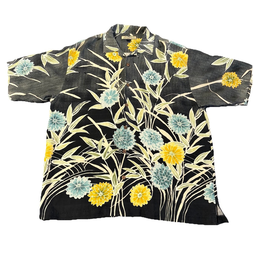Tommy Bahama Silk Button Up Shirt Mens L Black‎ Floral Bamboo Relax Camp Faded
